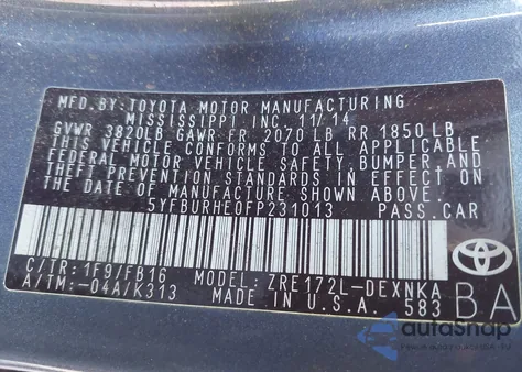 2015 Toyota Corolla Le из США, поврежденный, VIN 5YFBURHE0FP231013